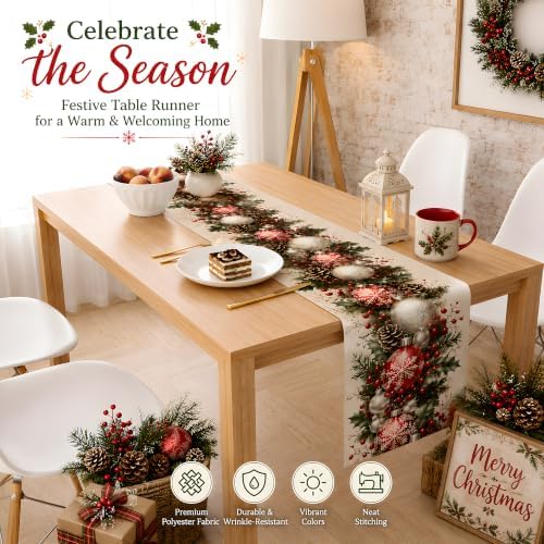 Christmas Decorations - Xmas Balls Snowflake Pine Cone Table Runner