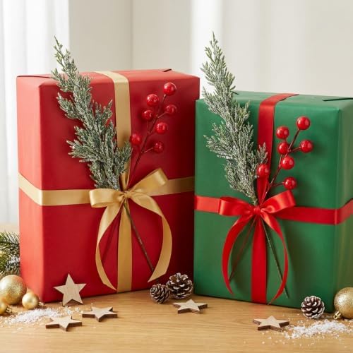80 Pcs Artificial Christmas Snow Pine Branches Red Berry Stems Faux Sprigs