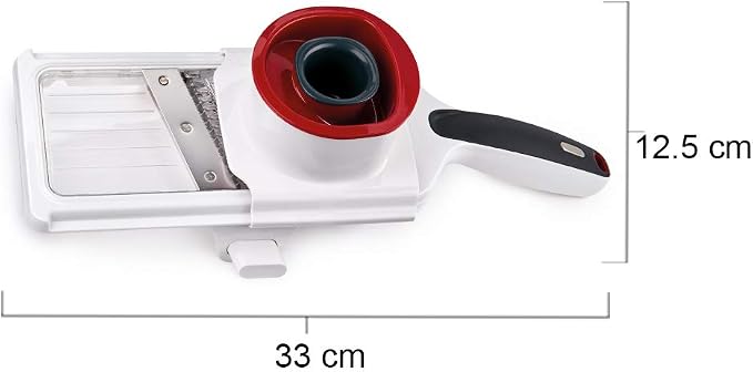 Zyliss Easy Control Handheld Slicer - Vegetable Slicer & Chopper - Fruit Cutter - Handheld Slicer with Two Stainless Steel Blades - Dishwasher Safe - White/Red, 13 inches