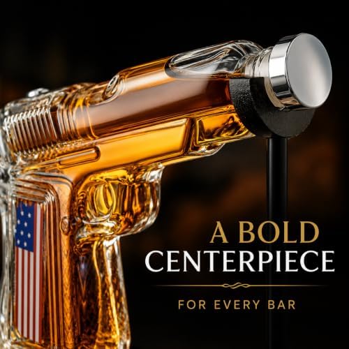Patriotic Gun Whiskey Decanter Set, 2 American Flag Shot Glasses & Stand - Best Unique Gifts for Men, Birth Day Gift, Men. Pistol Liquor Dispenser Novelty Present for Home Bar Decor. Gifts for Him