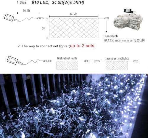610 LED Christmas Net Lights, 34.5ft x 5ft Mesh Lights Outdoor with Timer & 8 Lighting Modes Clear Wire, Waterproof Connectable String Lights for Bushes Xmas Tree Garden Holiday Party - White