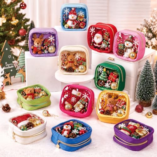 Abbylike 12 Pcs Christmas Preppy Patch Makeup Bags Bulk Polyester Holiday Makeup Bag Skincare Pouch Xmas Zipper Cosmetic Pouch Preppy Thing for Travel Christmas Women Gift (Classic, Colorful)