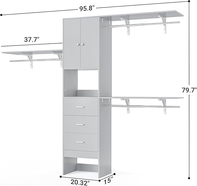 Armocity 96 Inches Closet System with Doors, 8FT Walk In Closet Organizer with 2 Shelving Towers, Heavy Duty Clothes Garment Rack with 3 Wood Drawers, 96"L x 16"W x 80"H, Max Load 1000 LBS, Grey