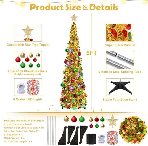 N&T NIETING Pop Up Christmas Tree with Lights, Collapsible Tinsel Xmas Tree Decorations, Pencil Christmas Tree Skinny Tree for Holiday Xmas Home Office Decor, 30 Balls, 5Ft, Gold Mix