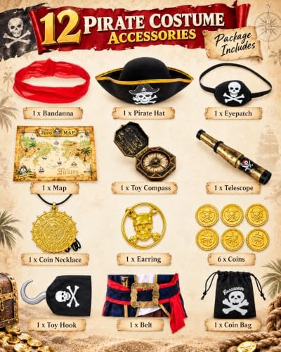 14pcs Pirate Costume for Boys and Girls with Accessories Halloween Costumes Gifts