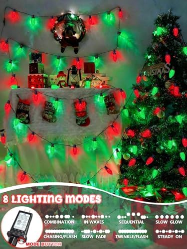 2 Pack Connectable C9 Christmas Lights Outdoor 66 FT 100 LED Red and Green