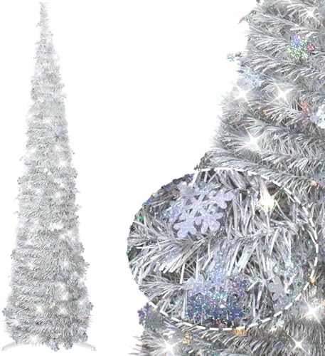 5FT Pop Up Christmas Tree Pre-lit Silver Tinsel with 60 Lights