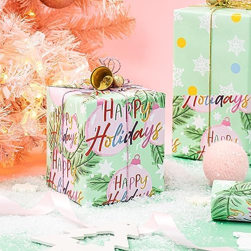 WRAPAHOLIC Reversible Christmas Wrapping Paper - Mini Roll - 17 Inch x 33 Feet - Happy Holiday Lettering with Christmas Ball Design for Holiday, Party Celebration