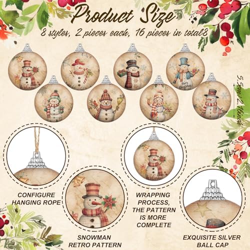 Outus 16 Pcs Christmas Tree Ornaments Ball Vintage Snowman Decorations for Tree Vintage Style Hanging Ornaments Farmhouse Home Fireplace Decoration Holiday Party Favors