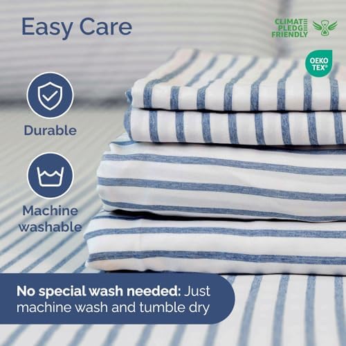 Short Queen Size 4 Piece Bed Sheet Set - RV Short Queen - Blue Stripes