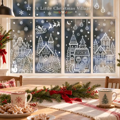 Extra Large Village Christmas Window Clings, Winter White House Stickers
