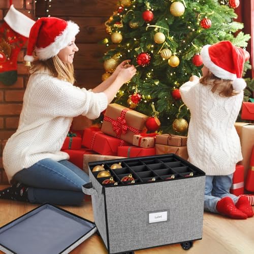 Lukeline Christmas Ornament Storage Box with Wheels, Stackable Christmas Ornament Organizer with 3 Drawer Trays, Openable Ornament Organizer for Storing Decorations, Portable Christmas Ball Box
