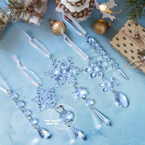 GuassLee 36pcs Crystal Christmas Tree Ornaments - Blue Acrylic Snowflake Icicle Drop Crystal Hanging Ornaments for Christmas Tree Wonderland Frozen Themed Birthday Party Decor