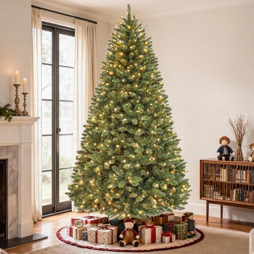 Hykolity 7.5 ft Prelit Christmas Tree with 1,450 Branch Tips, 450 Warm White Led Lights, Hinged Design and Sturdy Metal Stand