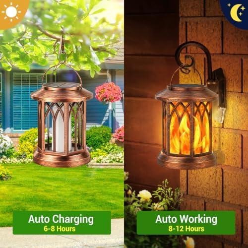 KOOPER Hanging Solar Lights Lantern Outdoor, 2 Pack Flickering Flames Solar Outdoor Lights, Solar Lanterns Outdoor Waterproof with Bigger Panel, Lanterns Decorative Outdoor for Garden Decor (Copper)