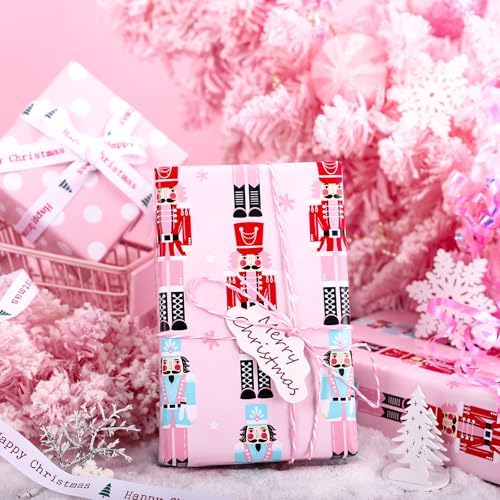 WRAPAHOLIC 30 Inch Jumbo Reversible Nutcracker Christmas Wrapping Paper - 30 Inch x 100 Feet Jumbo Roll Pink Nutcracker Wrapping Paper and Polke Dot Design for Christmas, Holiday, Party Celebration