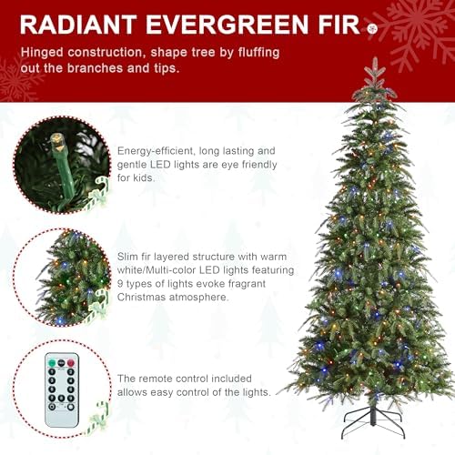 Glitzhome Prelit Christmas Tree, 7.5ft Slim Christmas Tree, Hinged Artificial Tree Radiant Evergreen Fir with 400 Warm White/Multi-Color LED Lights,9 Function,w/Remote Control,Easy Assembly
