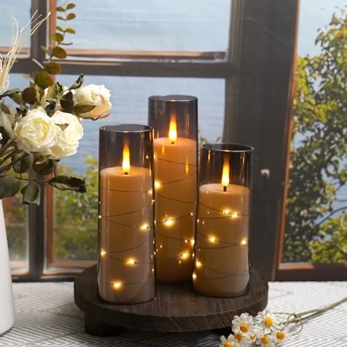 kakoya Flameless LED Candles with Timer 9 Pc Flickering Flameless Candles for Romantic Ambiance and Home Decoration Stable Acrylic Shell,with Embedded Star String，Battery Operated Candles（Grey）
