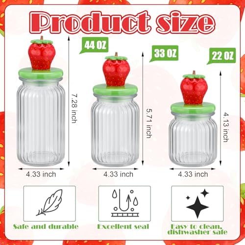 Mimorou 3 Set Strawberry Candy Glass Jars with Ceramic Lids 44oz 33oz 22oz Summer Strawberry Cookie Jars Airtight Glass Food Storage Containers for Summer Party Tea Cookie Snacks Sugar
