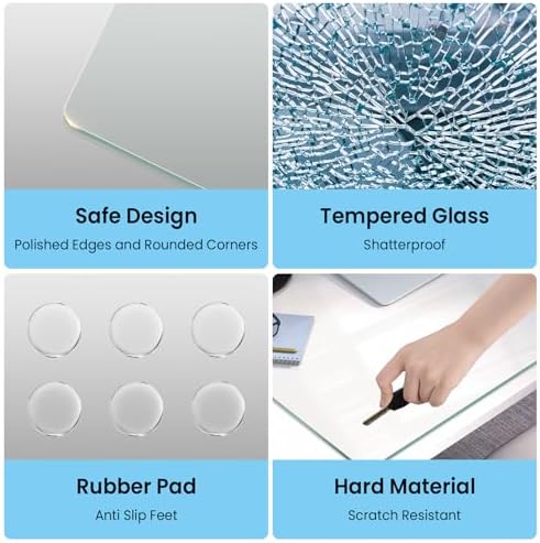 Tempered Glass Desk Pad to Protect Desk, 18" x 24" Clear Office Desk Pad for Keyboard and Computer Monitor, Glass Desk Mat for Desktop Dry Erase
