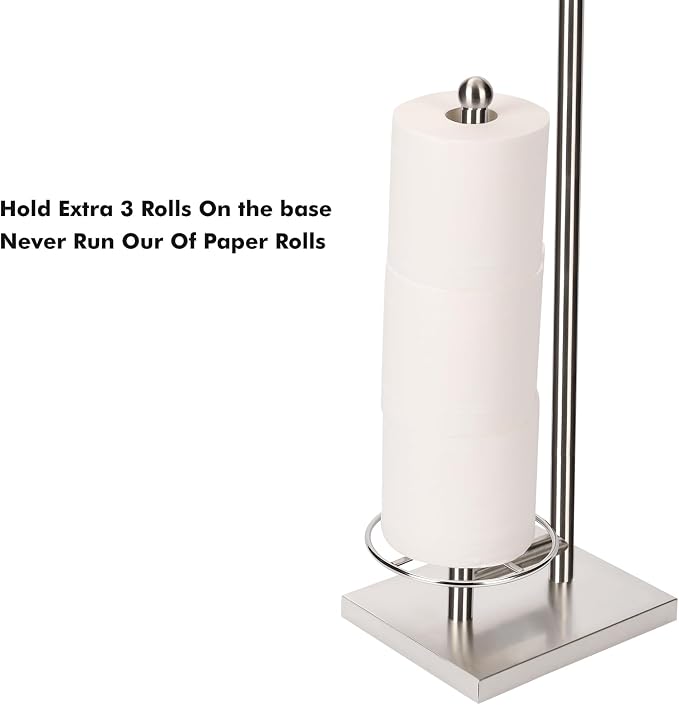 Toilet Paper Holder with Tray at The Top, Heavy-Weighted Stainless Steel Base No Wobbly, Freestanding Toilet Paper Rolls Stand, Hold Extra 3 Paper Rolls On The Base (Brushed Nickel)