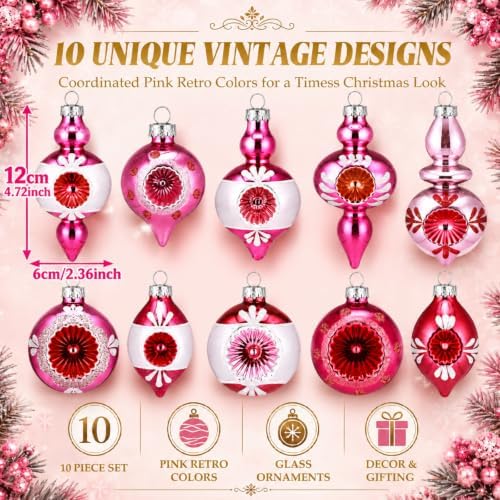 Soulchen 10 Pcs Vintage Glass Christmas Ornaments, Assorted, Pink
