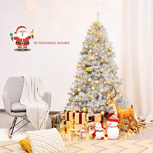 Happygrill 6FT Silver Christmas Tree Artificial Hinged Tinsel Xmas Tree with Metal Stand, 1036 Branch Tips, Holiday Decoration Tree for Indoor and Outdoor