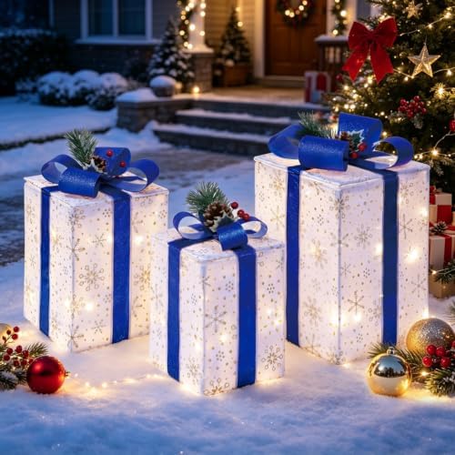 Set of 3 Christmas Lighted Gift Boxes, Light Up Blue Present Boxes
