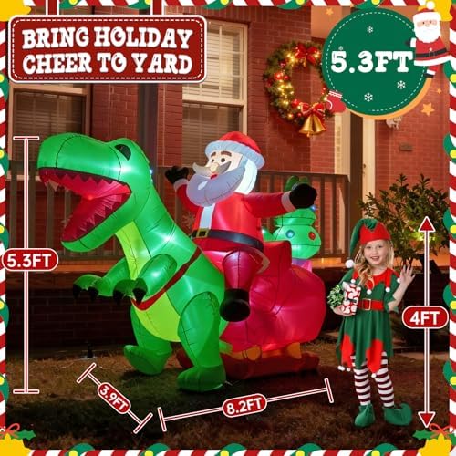 8.2FT Inflatable Santa Riding Dinosaur with LED Lights for Yard
