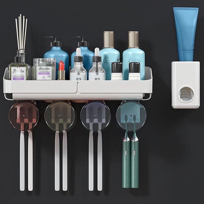 Toothbrush Rack Multifunctional Bathroom Toothbrush Holder Wall Mounted Organizer, Toothbrush Holder with Toothpaste Dispenser and Cups Bathroom Toothbrush Holder(E)