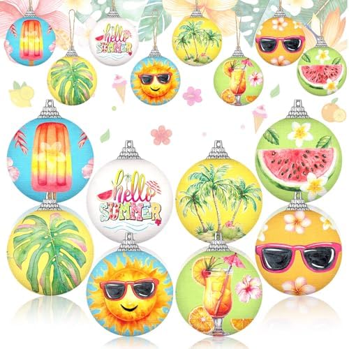 Outus 16 Pcs Summer Tree Ornaments Ball Hawaiian Style Ball Mini Summer Christmas Hanging Decoration for Tree Watermelon Tropical Leaf Coconut Palm Farmhouse Home Fireplace Holiday Party Decor