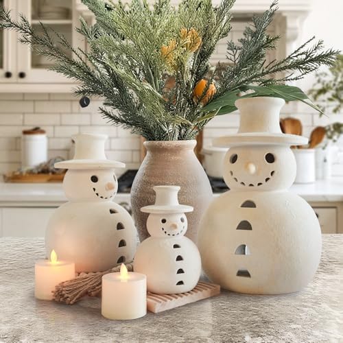 Christmas Decorations, Set of 3 Handmade Terracotta Snowman Figurines