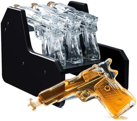 Gifts for Men Dad Whiskey Decanter Set | 7.7 Oz | Three Pistol Gun & Wooden Stand, Unique Birthday Gift Ideas Daughter Son, Home Bar Gifts, Drinking Accessories Military Present Cool Dispenser