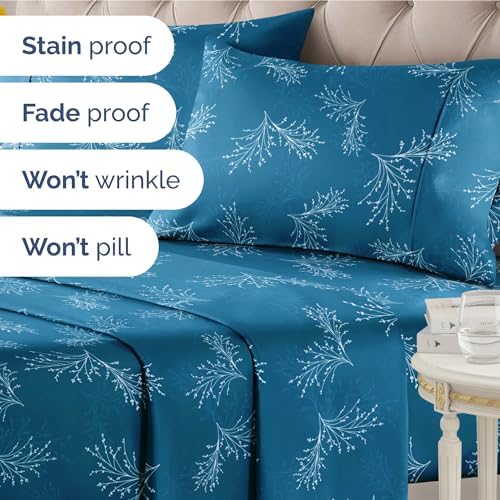 King 4 Piece Floral Sheet Set - Soft, Breathable & Cooling - Sea Spray