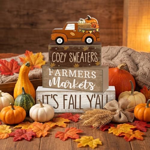 Lineshading 4 Pcs Fall Truck Table Decor, Its Fall Yall Wooden Block Signs