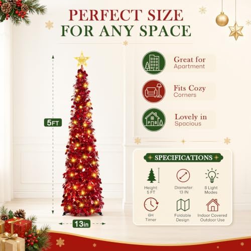5FT Pop Up Christmas Tree with Lighted Top Star for Christmas Decorations