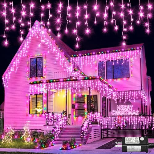 Icicle Christmas Lights Outdoor 66FT 640 LED Pink Christmas Lights