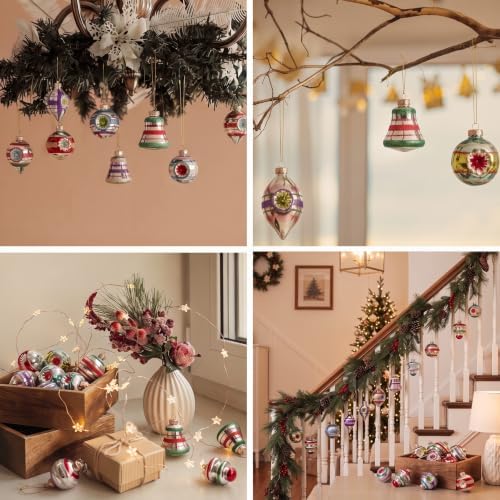 12 Pcs Christmas Vintage Glass Reflector Ornament,Striped