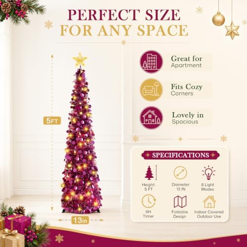 5FT Pop Up Christmas Tree with Lighted Top Star for Christmas Decorations