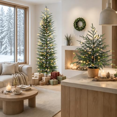 7FT Norfolk Pine Christmas Tree, Pre-Lit 240 LED Lights with 8 Modes, Real-Touch PE Material, Family & Pet Friendly, Heavy-Duty Weighted Base for Home Office Patio Christmas Decor