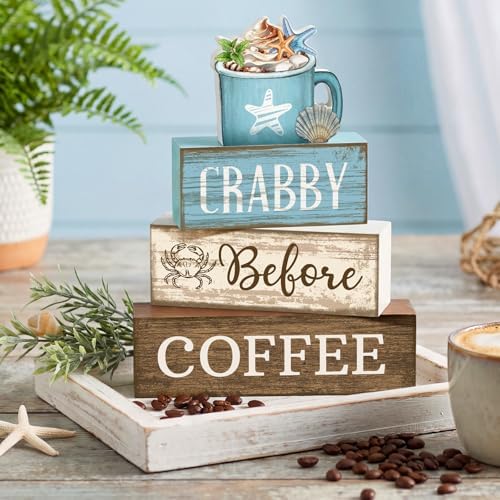 Lineshading 4 Pcs Coffee Beach Decor Wooden Blocks, Coastal Tiered Tray