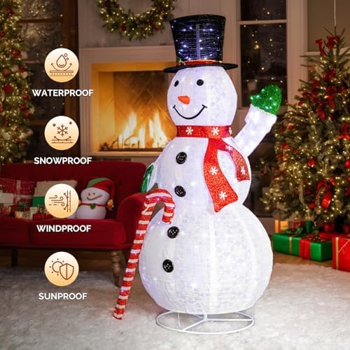 VINGLI 6FT Lighted Snowman Holding Candy Cane Christmas Yard Decorations, Prelit Pull Up Snowman with 210 White LED Lights, Outdoor Lighted Xmas Yard Decorations for Lawn Garden Porch Indoor Décor