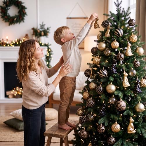 DecorbyHannah 60ct Black Gold Christmas Ornaments Set for Tree Decorations