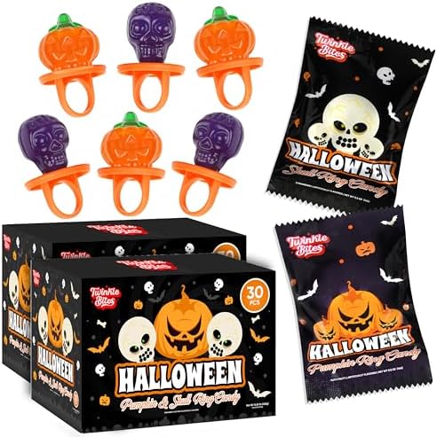 60 Pack Halloween Ring Candy - Individually Wrapped Holiday Themed Pumpkin And Skull Lollipops – Trick Or Treat Strawberry And Tutti Frutti Delicious Candys - Bulk Halloween Suckers Great Use, For Kids, Party Favor, Classrooms, Goodie Bags