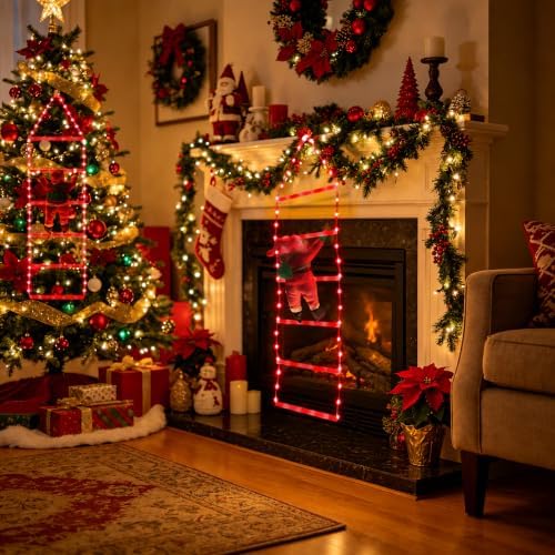 Toodour LED Christmas Light - 2.5FT Christmas Decorative Ladder Lights with Santa Claus, Xmas Decorations Light for Indoor Outdoor, Window, Garden, Home, Wall, Xmas Tree Decor - Red