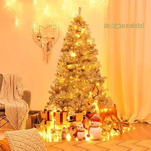 Happygrill 6FT Silver Christmas Tree Artificial Hinged Tinsel Xmas Tree with Metal Stand, 1036 Branch Tips, Holiday Decoration Tree for Indoor and Outdoor