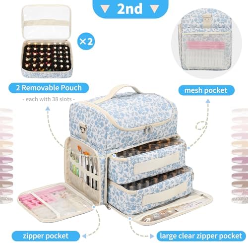 CUBETASTIC Extra Large Nail Polish Organizer Case Holds 86 to 100+ Bottles Nail Polish & Nail Lamp, Nail Supplies Storage Carrying Bag with 2 Removable Pouches (Blue Floral, 86 Slots)