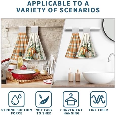 Fall Autumn Hanging Kitchen Towels Thanksgiving Pumpkin Hand Towel with Hanging Loop Vintage Checkered Plaid Dish Towels Soft Absorbent Fingertip Bath Tie Towel for Bathroom Decorative Set of 2