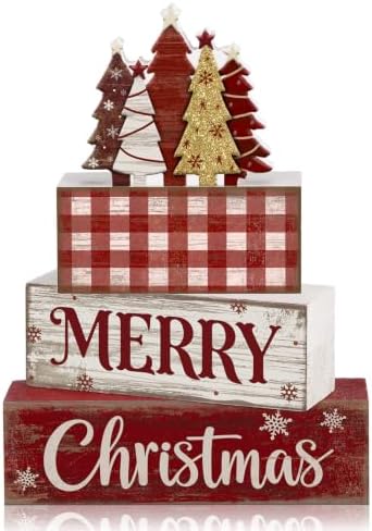Moucuny 4 Pcs Christmas Table Decor Rustic Merry Wooden Christmas Tree Sign