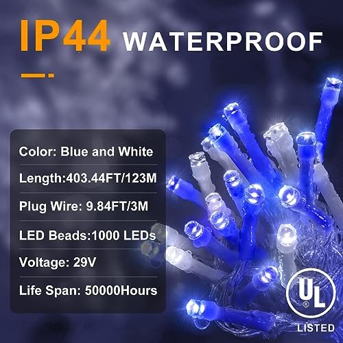 KNONEW 403FT 1000 LED Christmas Lights Outdoor String Light with 8 Modes and Timer Memory Waterproof Fairy Lights Decorations for Xmas Tree Yard Wedding Backdrop Decor(Blue and White)